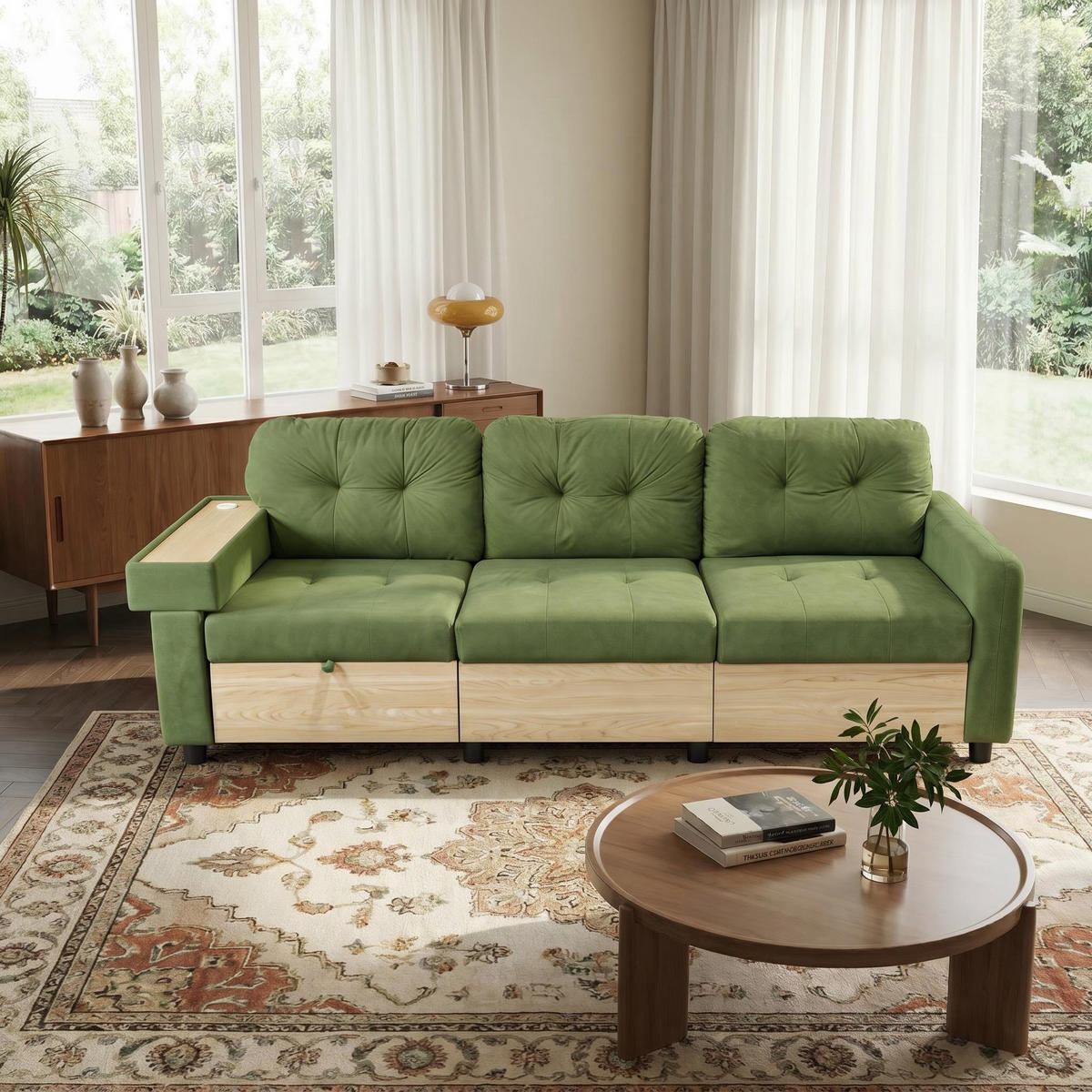 ECKSOFA 228/115/78 cm Grün mit Ausziehbarer Fußhocker, USB-Anschluss und Aufbewahrungstasche - Grün, Textil (228/80cm) - Oxeza