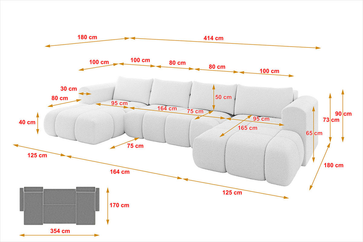 WOHNLANDSCHAFT Ottomane Links CLOUD-U 414x180x40 Weiß Bouclé - Weiß, Holzwerkstoff/Kunststoff (414/90/180cm) - ALTDECOR