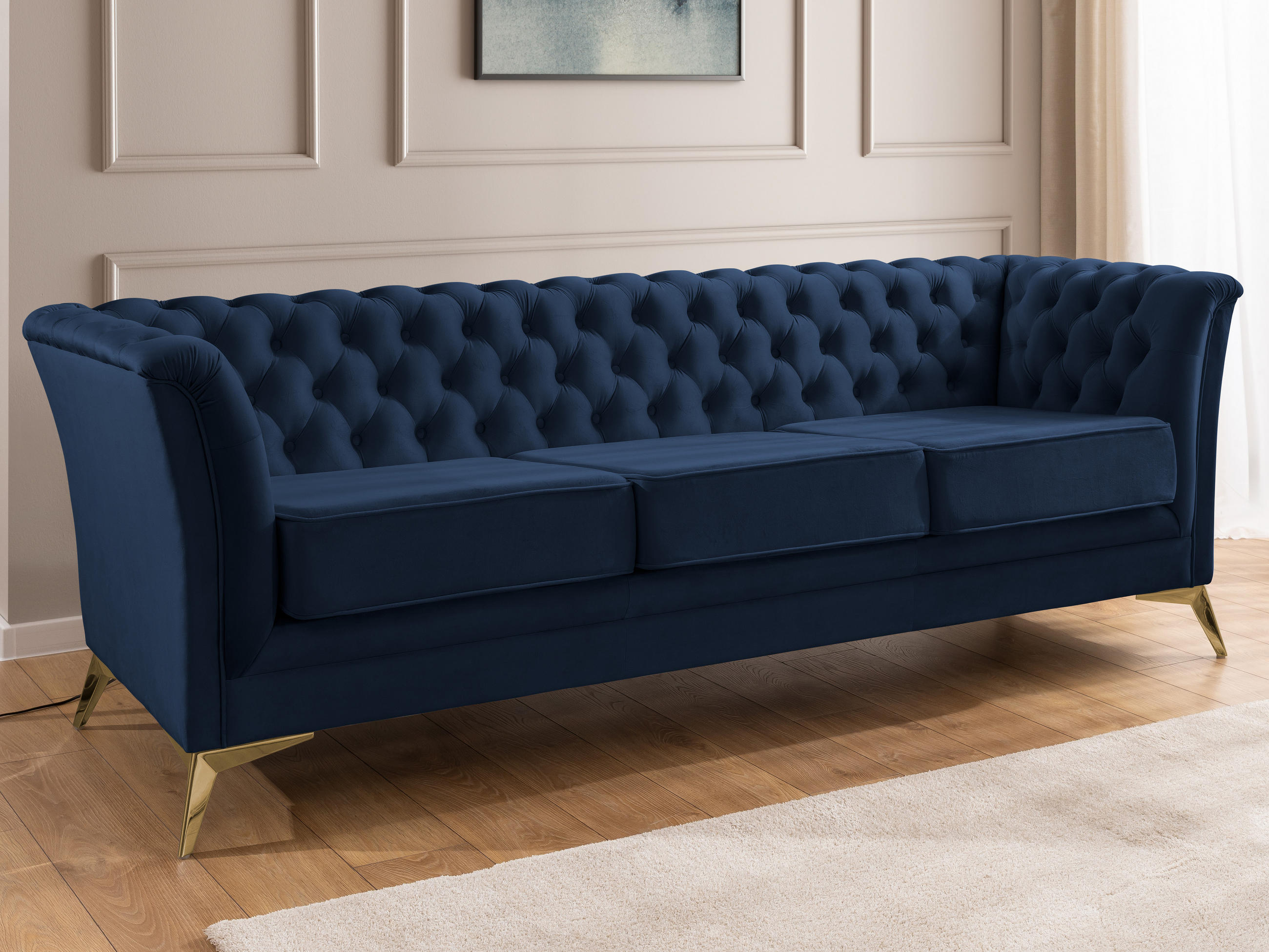 CHESTERFIELD-SOFA 3-sitzer Whitby Marineblau Samt mit goldenen Füßen - Goldfarben/Dunkelblau, Holz/Textil (237/78/82cm) - S-Style Möbel