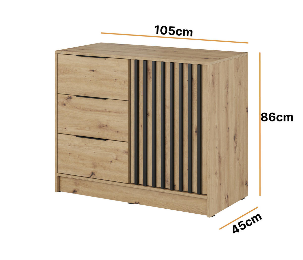 KOMMODE Stilo 105 cm in Eiche Artisan + schwarze Lamellen - Schwarz/Eiche Artisan, Holz/Holzwerkstoff (105/86/45cm) - Ravio