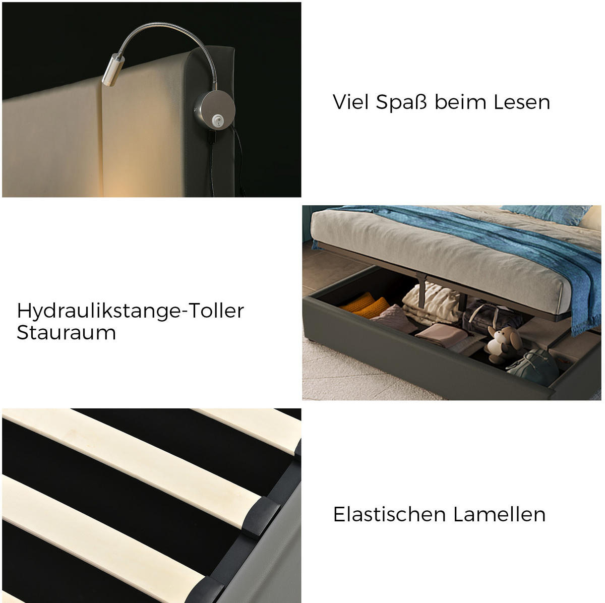 POLSTERBETT 160x200 cm in Grau mit Bettkasten, Leselampe, USB-Ladefunktion und Matratze - Grau, Kunststoff (160/200cm) - IVMEU