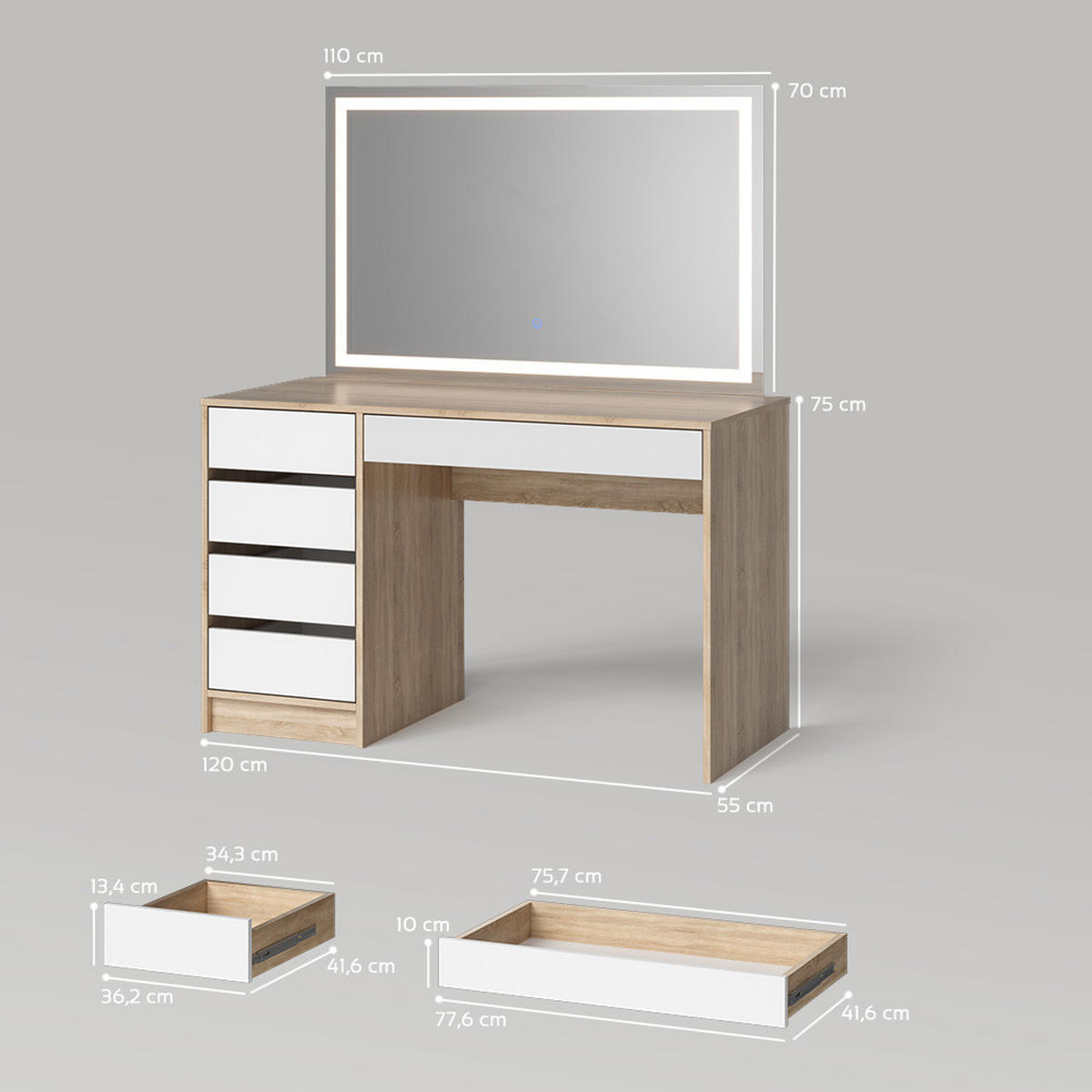 SCHMINKTISCH Imola Weiß/Sonoma 120 cm mit LED-Spiegel - Weiß/Sonoma Eiche, Holzwerkstoff (120/75/55cm) - Livinity®