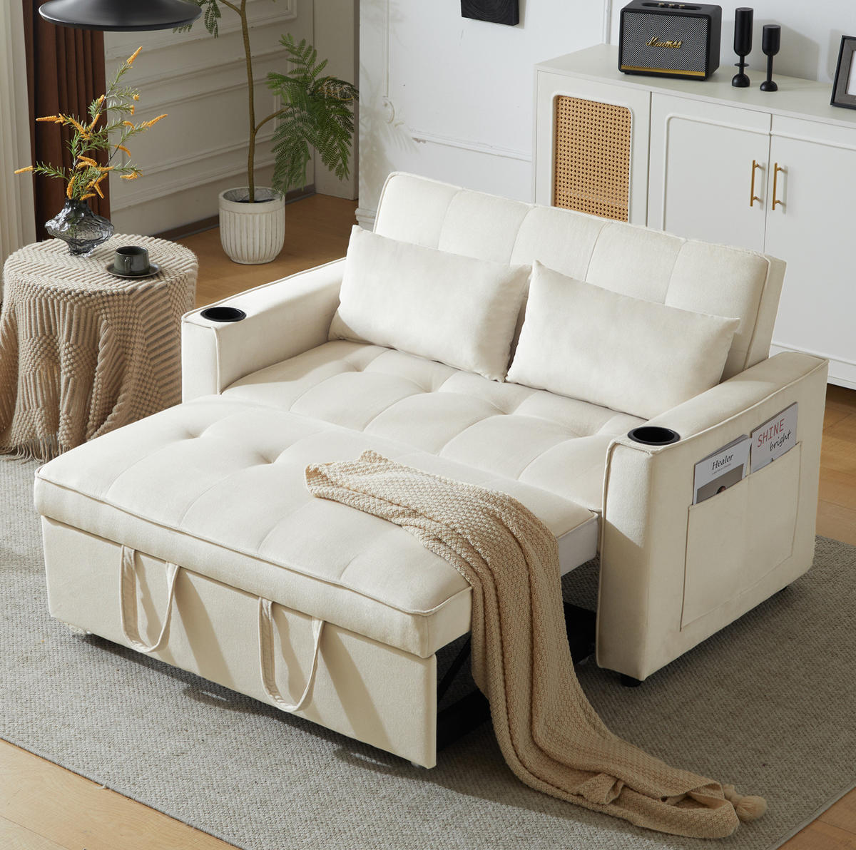 SCHLAFSOFA aus Samt 137x76,5x83 cm Beige mit Schlaffunktion, Getränkehaltern und 3-fach verstellbarer Rückenlehne - Beige, Textil (76.5/83/137cm) - Modfu