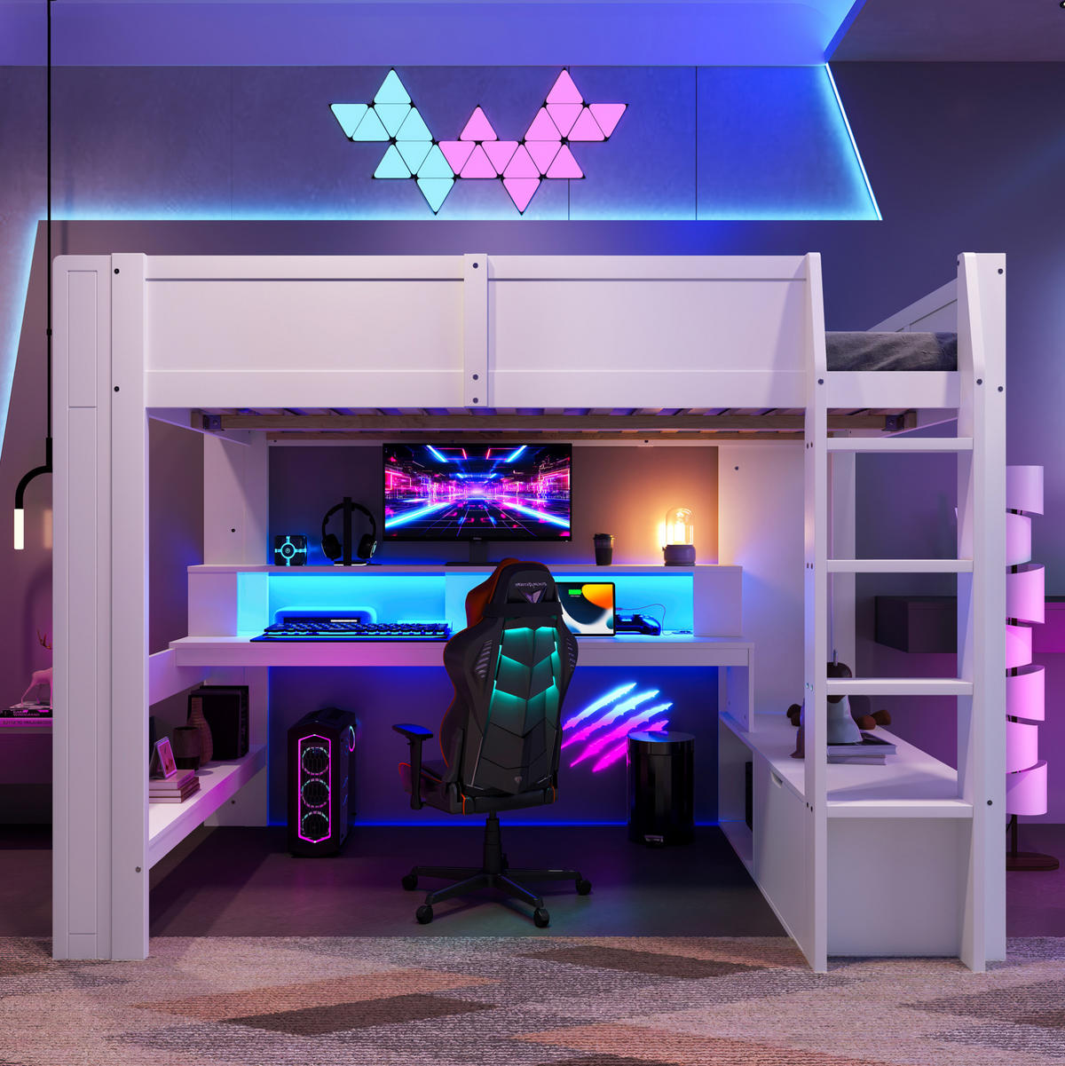 HOCHBETT 140/200 cm weiß Gaming Bett mit Schreibtisch und LED-Beleuchtung - Weiß, Holz (140/200cm) - OKWISH