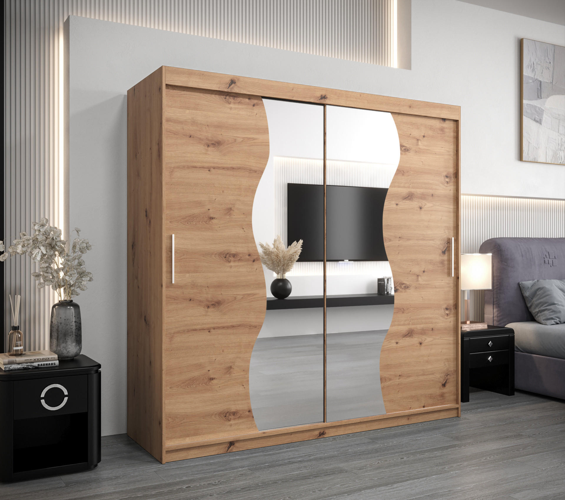 SCHWEBETÜRENSCHRANK 200/200/62 2-türig - Silberfarben/Eiche Artisan, Holz/Kunststoff (200/200/62cm) - MÖBEL KRYSPOL