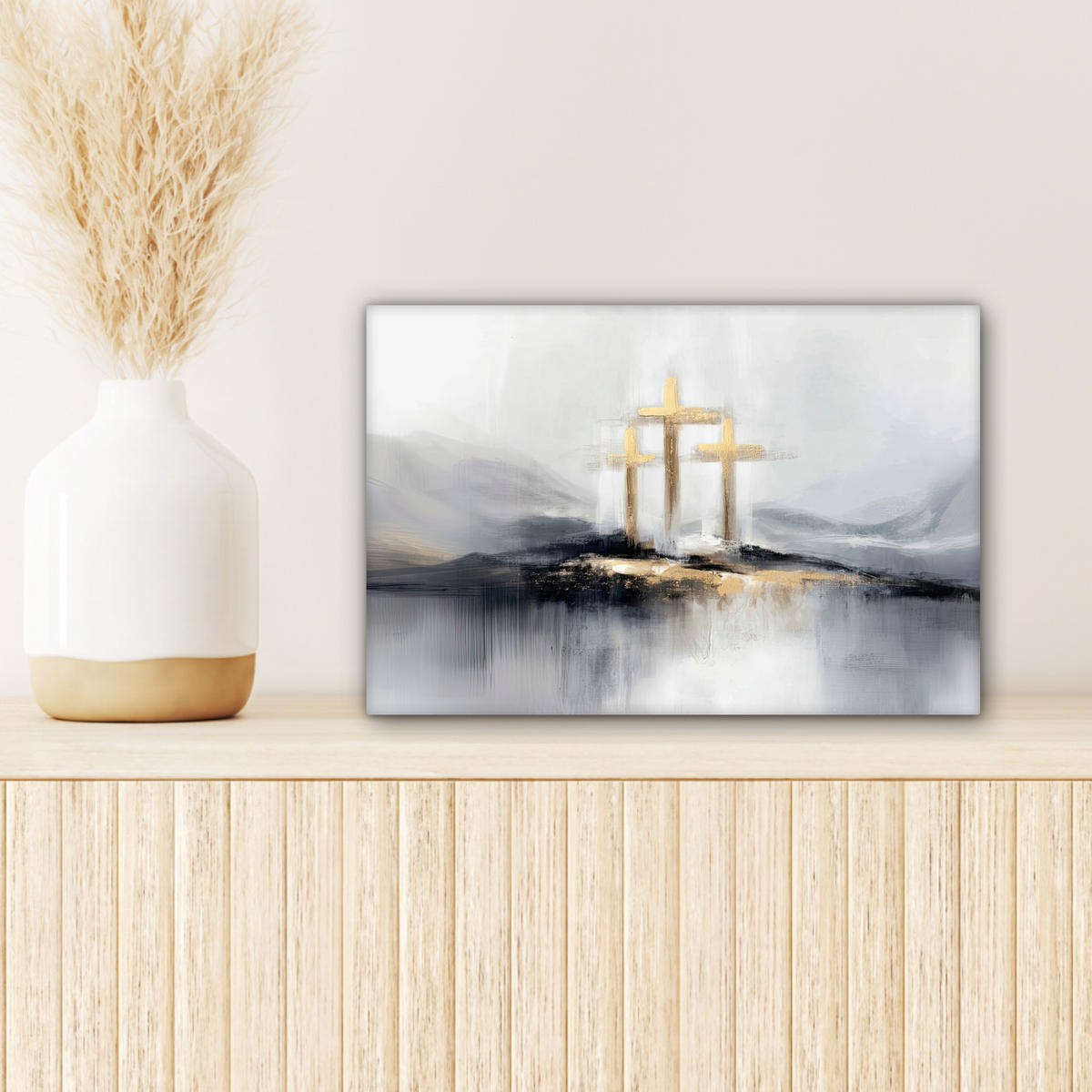 LEINWANDBILD Abstrakt - Malerei - Christentum - Kreuz Deko Schlafzimmer 30x20 cm - Weiß, Textil (30/20cm) - MuchoWow