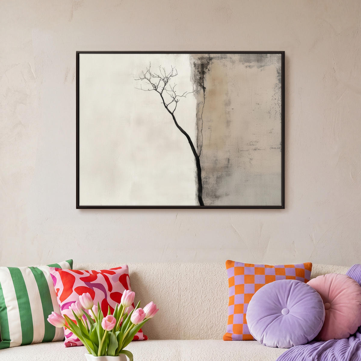 LEINWAND Bilder mit Rahmen - Wabi sabi - Pflanze - Beige - 80x60 - Taupe, Textil (80/60cm) - MuchoWow