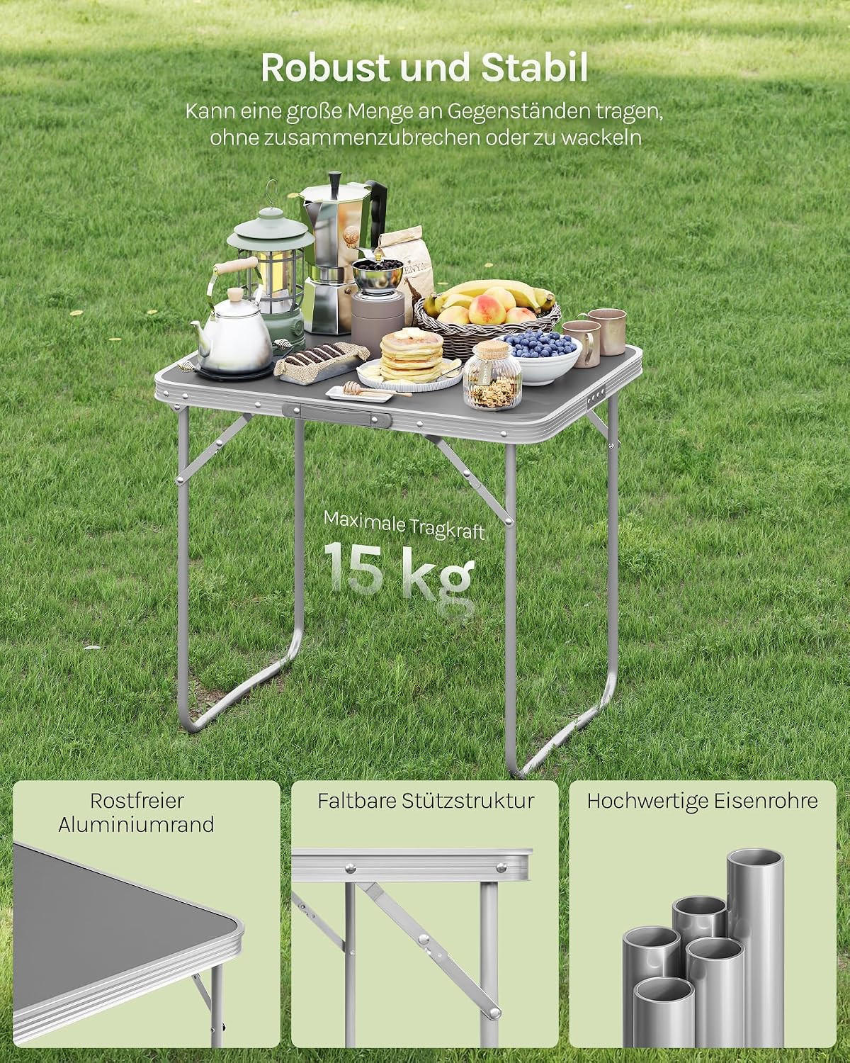 CAMPINGTISCH mit Griff Klappbar 70 x 50 x 60 cm Grau - Grau, Metall (70/50/60cm) - Woltu