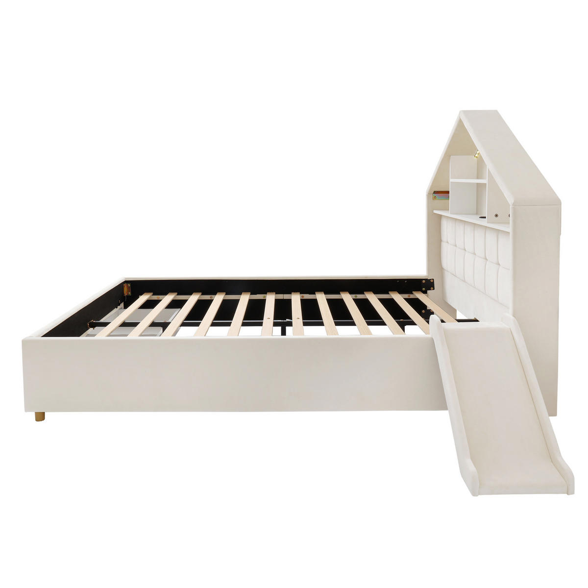 SPIELBETT 140/200 cm mit Rutsche und LED, DE-41740, in Beige - Beige, Holzwerkstoff (140/200cm) - ComfortXL