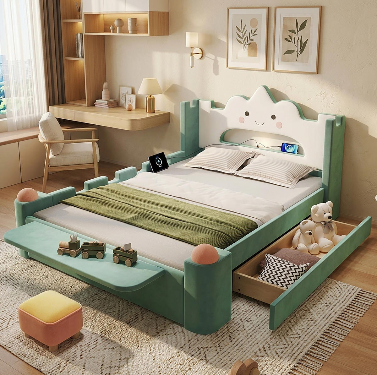 KINDERPOLSTERBETT 140x200 cm in Blaugrün mit Leselampe, USB-Anschluss und Schublade - Blau, Textil (140/200cm) - IVMEU