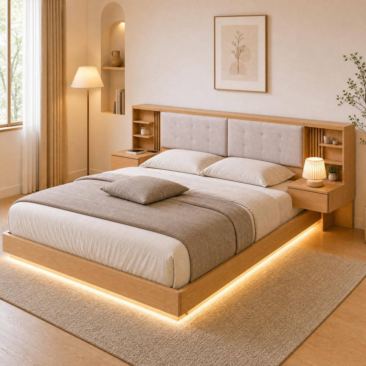 BETT 180/200 cm DE-33069 mit Stauraum-Kopfteil Beige - Naturfarben, Holzwerkstoff (180/200cm) - ComfortXL