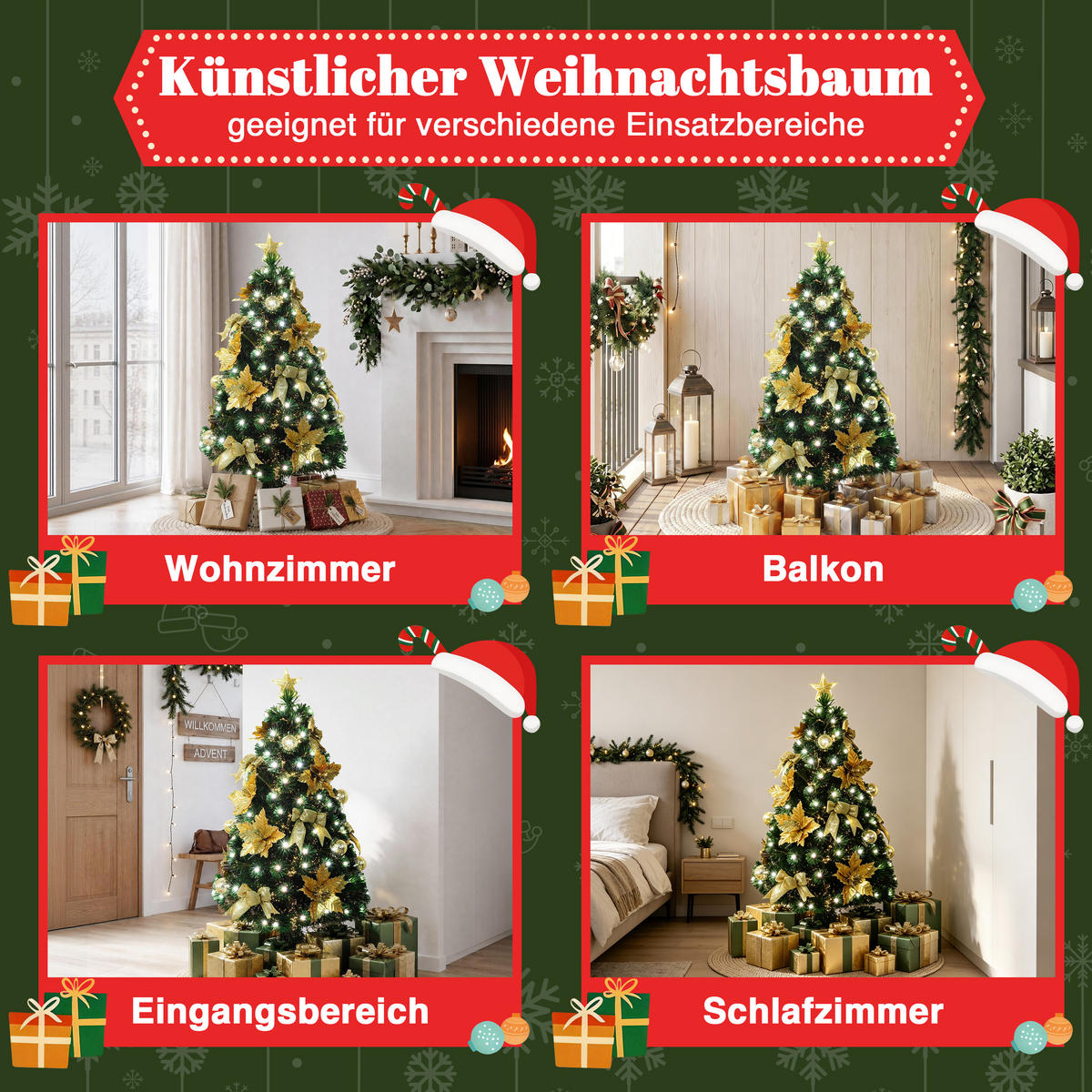 GLASFASER Weihnachtsbaum 120 cm mit 139 LEDs & Golddeko - Grün, Kunststoff (120cm) - Hometopia