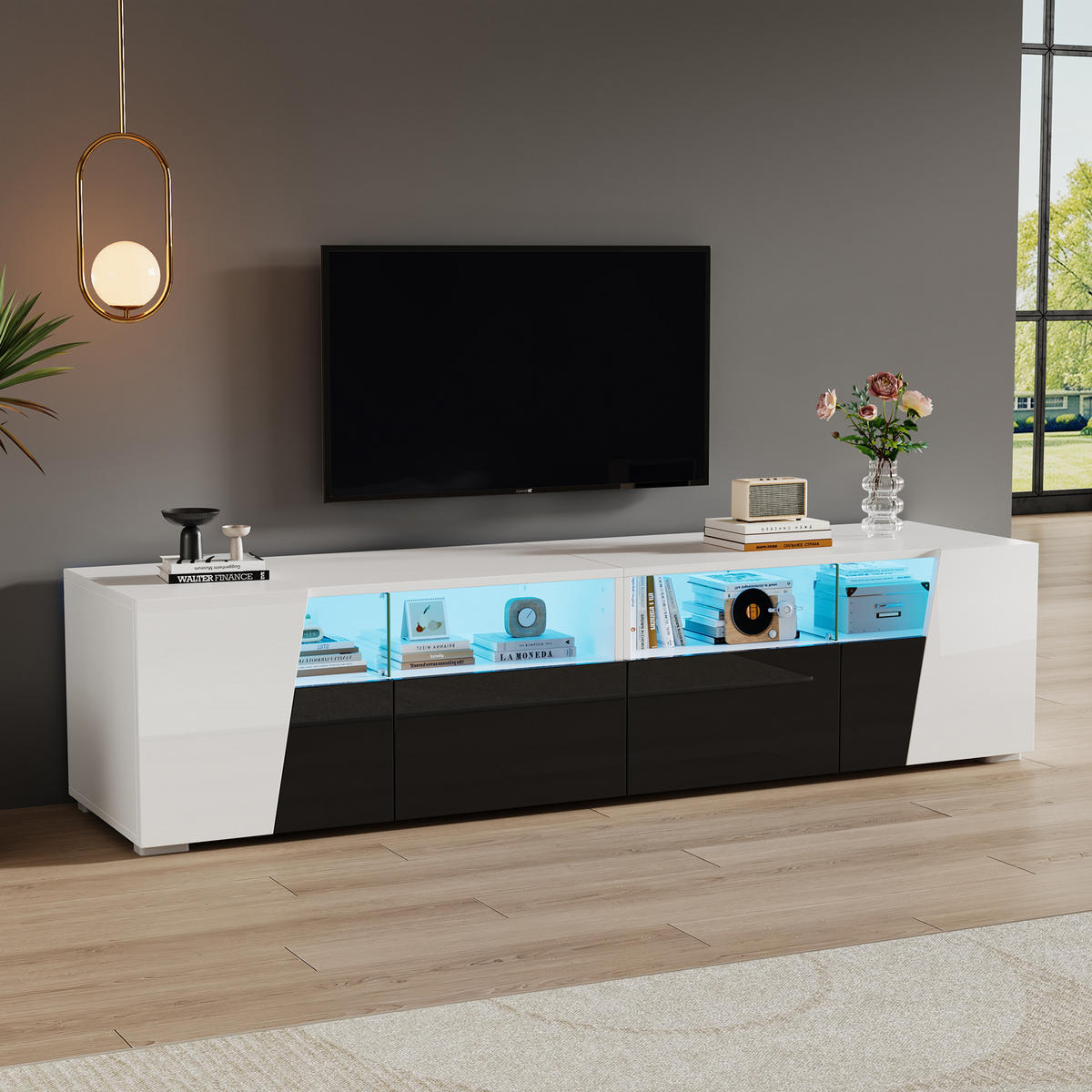 TV LOWBOARD 180cm Hochglanz LED 2 Schubladen 2 Schränke Weiß Schwarz - Weiß, Holzwerkstoff (38.5/45/180cm) - FLIEKS