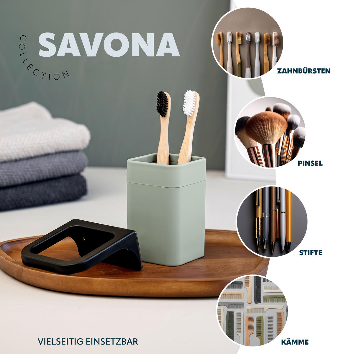 ZAHNPUTZBECHER SAVONA Softtouch, salbei, eckig - Salbeigrün, Kunststoff (9/10.5/9cm) - bremermann