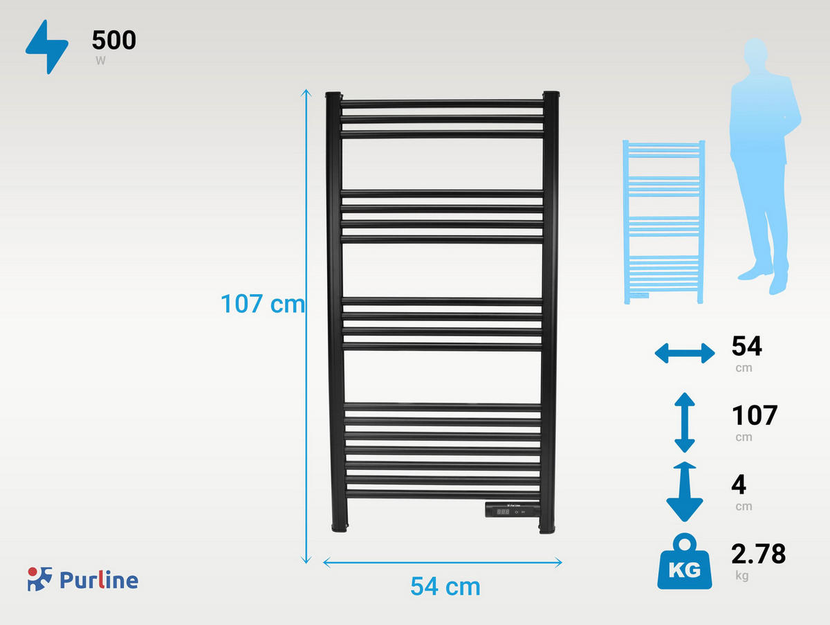 HANDTUCHTROCKNER Schwarz mit Elektrosystem und Wandhalterung 500 W - Schwarz, Metall (54/107/4cm) - Purline