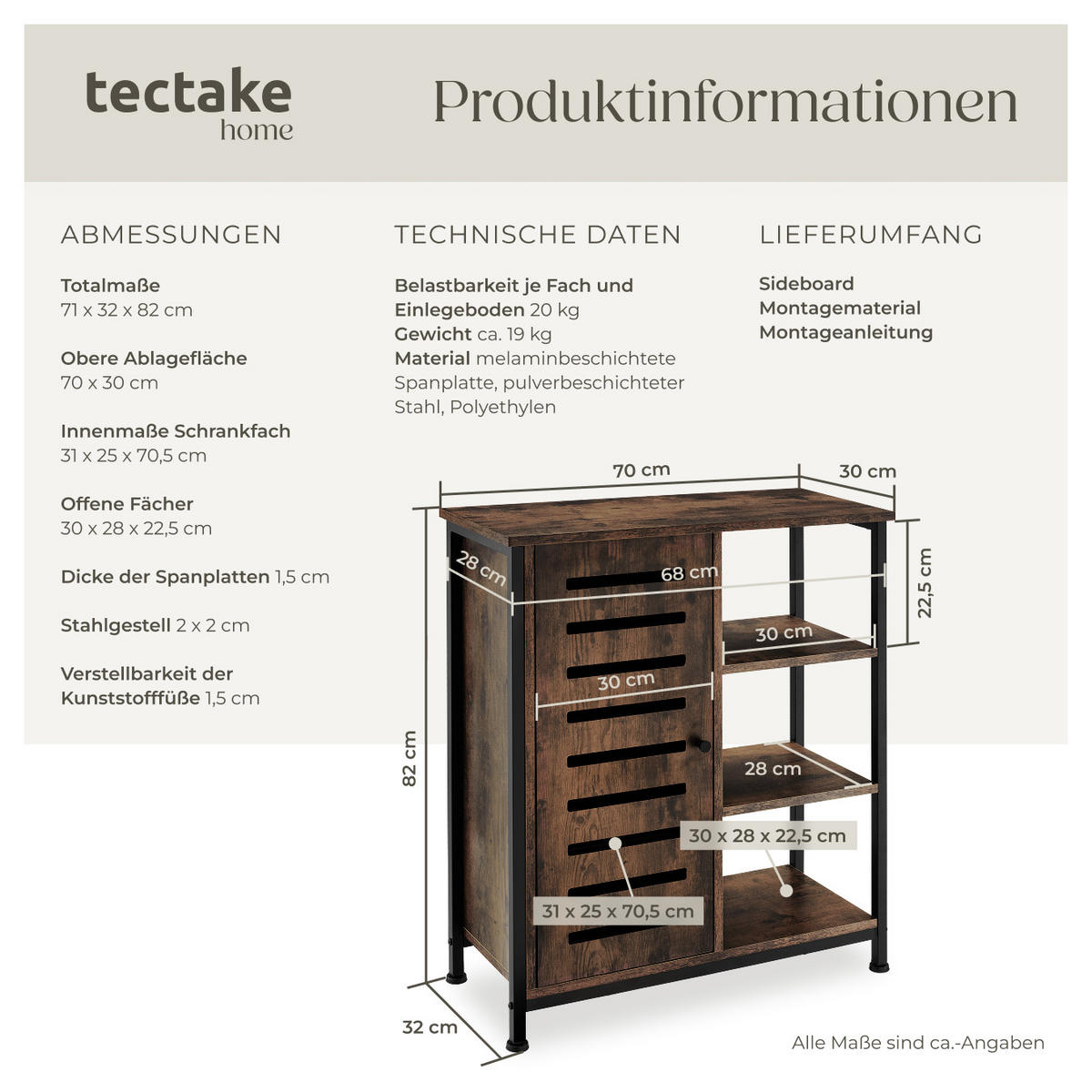 SIDEBOARD ,mit höhenverstellbaren Kunststofffüßen, 70 x 32 x 82 cm,Industrial Holz dunkel, rustikal - Rostfarben, Holzwerkstoff (32/82/71cm) - tectake