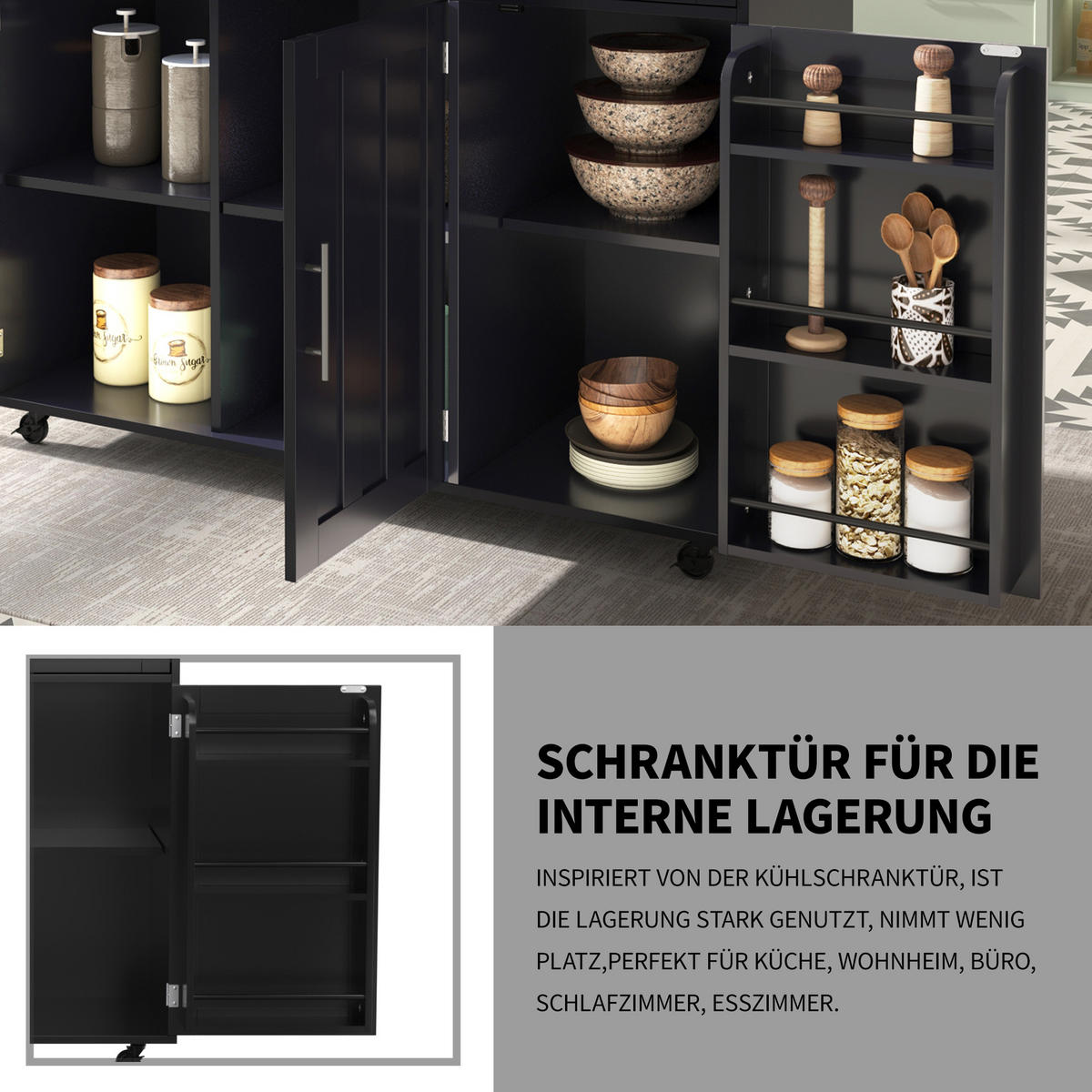 KÜCHENINSELWAGEN 129x71x91.5cm Schwarz Spanplatte mit Falttisch & Schubladen - Schwarz, Holzwerkstoff (129/91.5/71cm) - Modfu