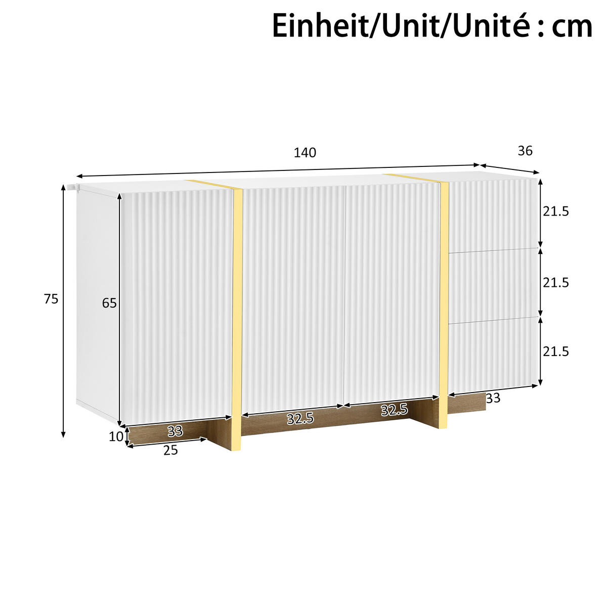PŘÍBORNÍK se 3 dvířky a 3 zásuvkami, bílý, 140 cm - bílá, kompozitní dřevo (140/75/36cm) - Urban Meuble