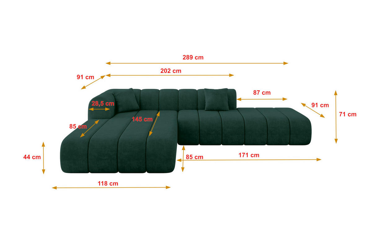 ROHOVÁ SEDAČKA s otomanem, levá BILA-L 289x176x71 Zelená Velur - černá/jadeitově zelená, kompozitní dřevo/textil (176/289cm) - ALTDECOR