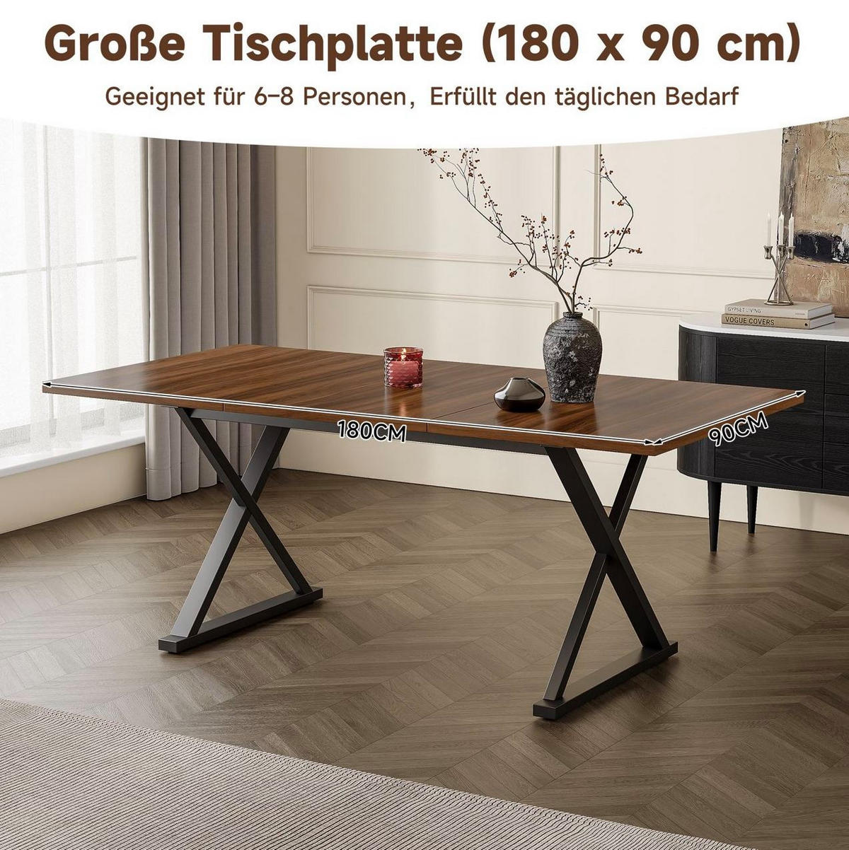 JEDÁLENSKÝ stôl 180/90/75 cm MDF v dekore orecha, čierny, pre 6–8 osôb - farba vlašského orecha, kompozitné drevo (180/90/75cm) - BEAOK
