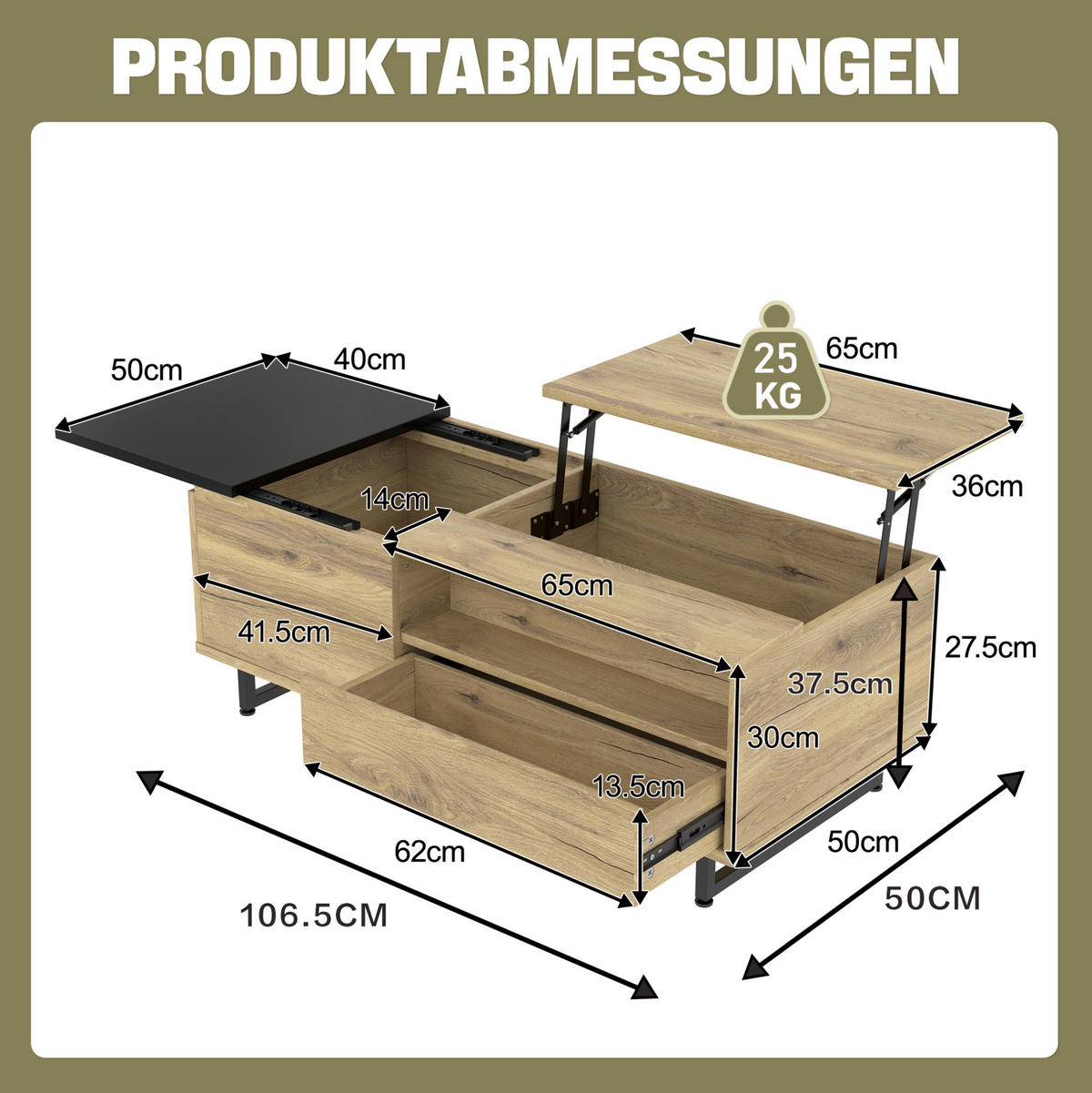 COUCHTISCH 103,5/50/27,5 cm mit Lift-Top, LED-Bodenlicht und Stauraum, Holzwerkstoff/Metall, Natur - Naturfarben, Holzwerkstoff (103.5/50/27.5cm) - Redom
