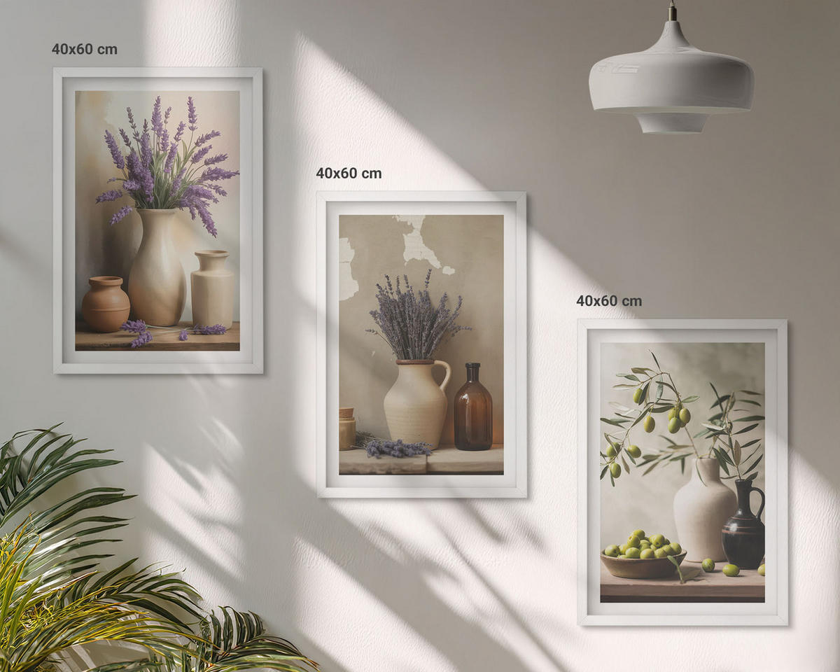 WANDBILDER 3er-Set - 40x60 cm Weißer Rahmen - Blumen in Vasen, Oliven, Dekorationen - Weiß, Kunststoff (40/60cm) - ArtPrintCave
