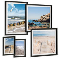 BILDER SET 5er Set - 50x50 cm & 20x30 cm & 40x60 cm Schwarzer Rahmen - Strand, Sand, Wellen, Himmel, Vögel - Schwarz, Kunststoff (40/60cm) - TULUP
