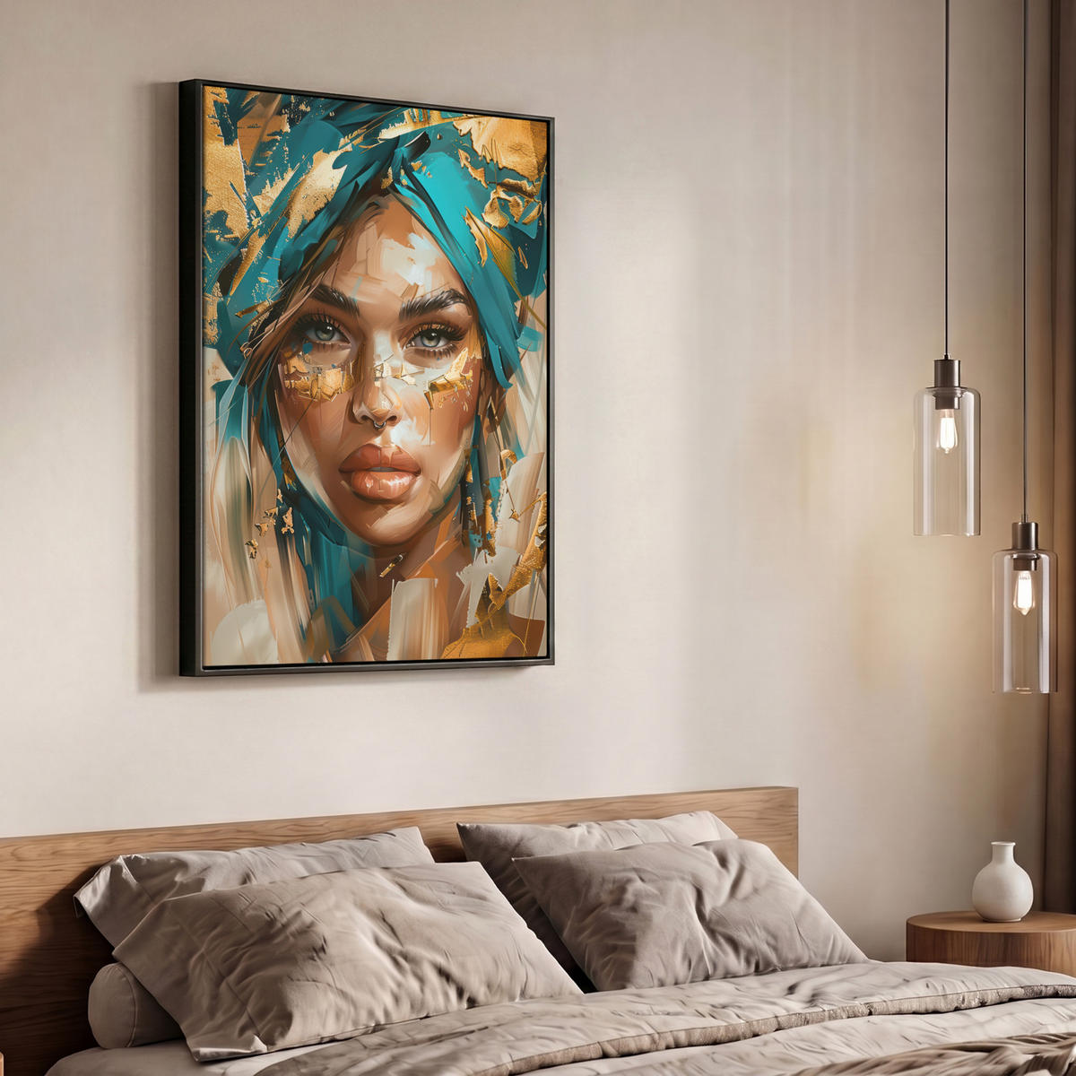 LEINWAND Bilder mit Rahmen - Frau - Porträt - Gold - Luxus - Blau - 70x100 - Türkis, Textil (70/100cm) - MuchoWow