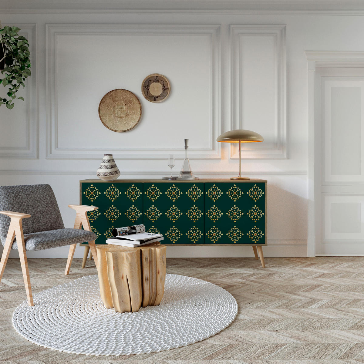 SIDEBOARD ROYAL MEDALLION, Eicheneffekt, 164,5x42x77,5 cm, 3 Türen - Eichefarben/Buchefarben, Holzwerkstoff/Buchenholz (164.5/77.5/42cm) - SpaceRebels