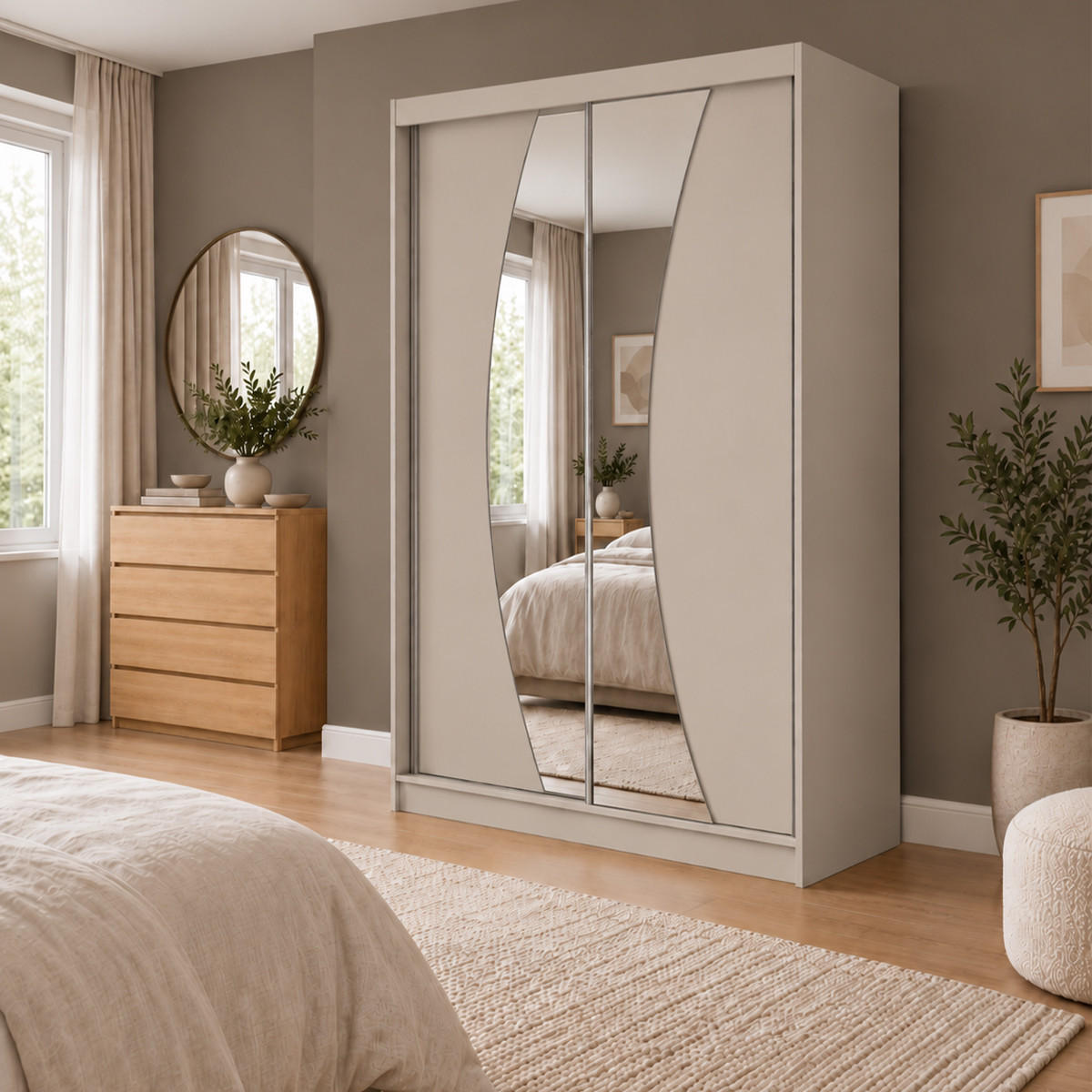 KLEIDERSCHRANK Nox 120 cm Kaschmir Spiegel 2 Schubladen Griffe silber - Kaschmir, Holzwerkstoff (120/216/61cm) - KS Home Concept
