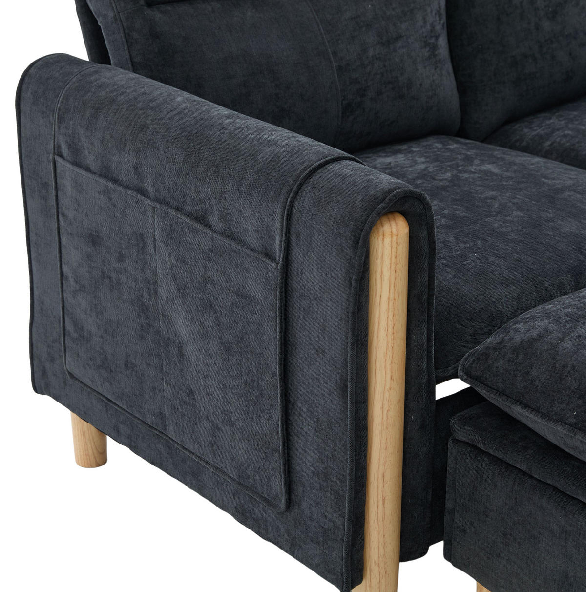 SOFA mit Stauraum-Hocker L-Form 201 cm Chenille Schwarz - Schwarz, Holz (77/201cm) - Meubliv