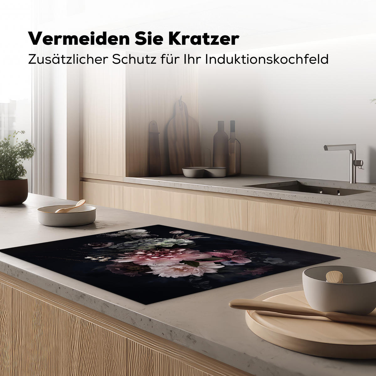 HERDABDECKPLATTE Blumen - Vintage - Pastell - Rosa - Weiß Induktionsmatte 77x59 cm - Altrosa, Kunststoff (77/59/0.2cm) - MuchoWow