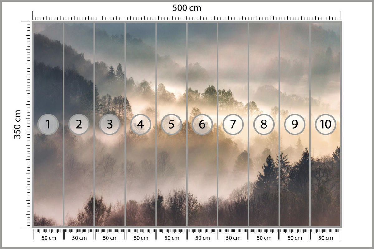FOTOTAPETE für Wohnzimmer Natur Nebeliger Wald Sonnenaufgang Gebirge 500x350 - Gelb/Creme, Papier (500/350cm) - Muralo