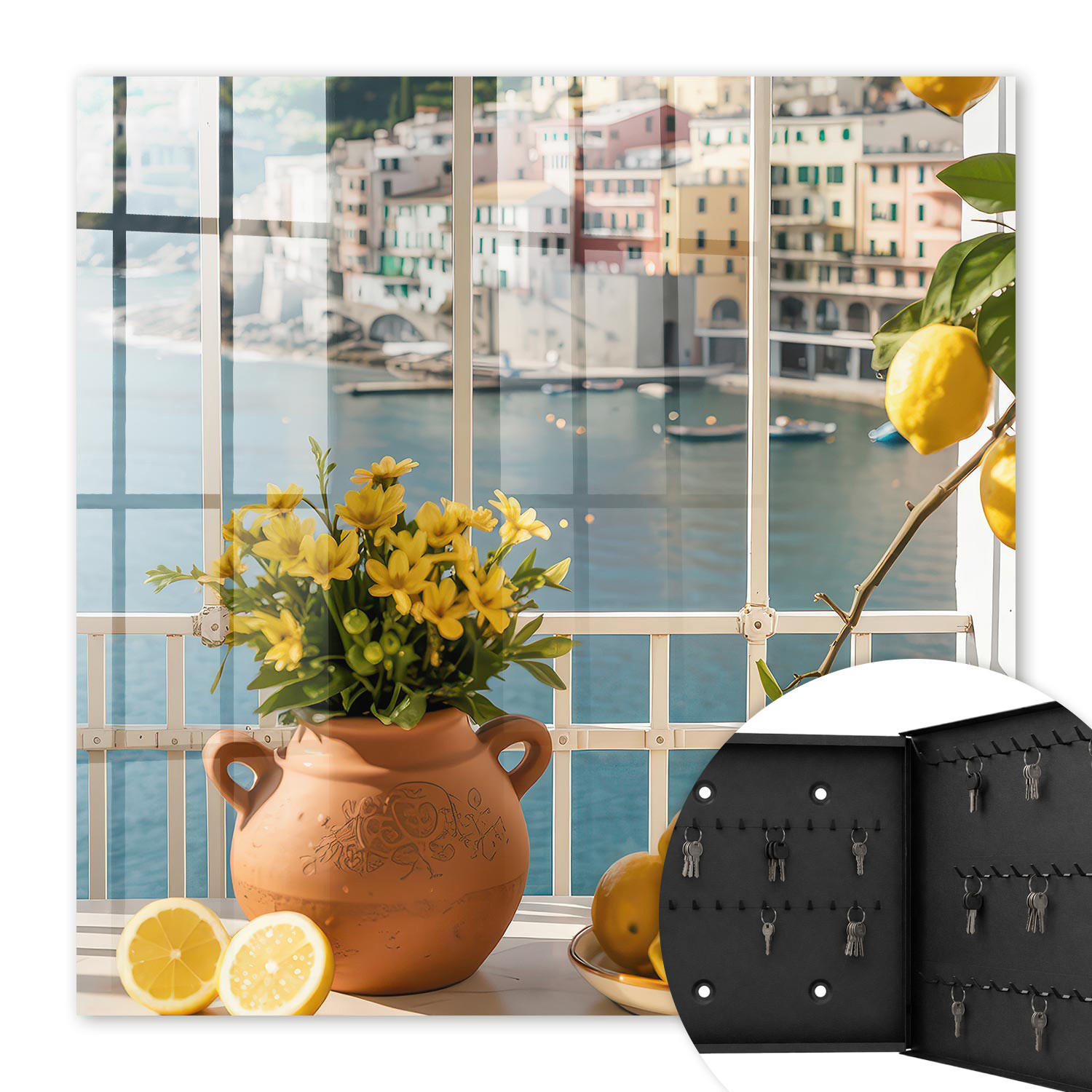 SCHLÜSSELBOX Schwarz 30x30 cm- Türöffnung nach rechts - Urlaubslandschaft - Blau, Metall (30/30/5cm) - TULUP