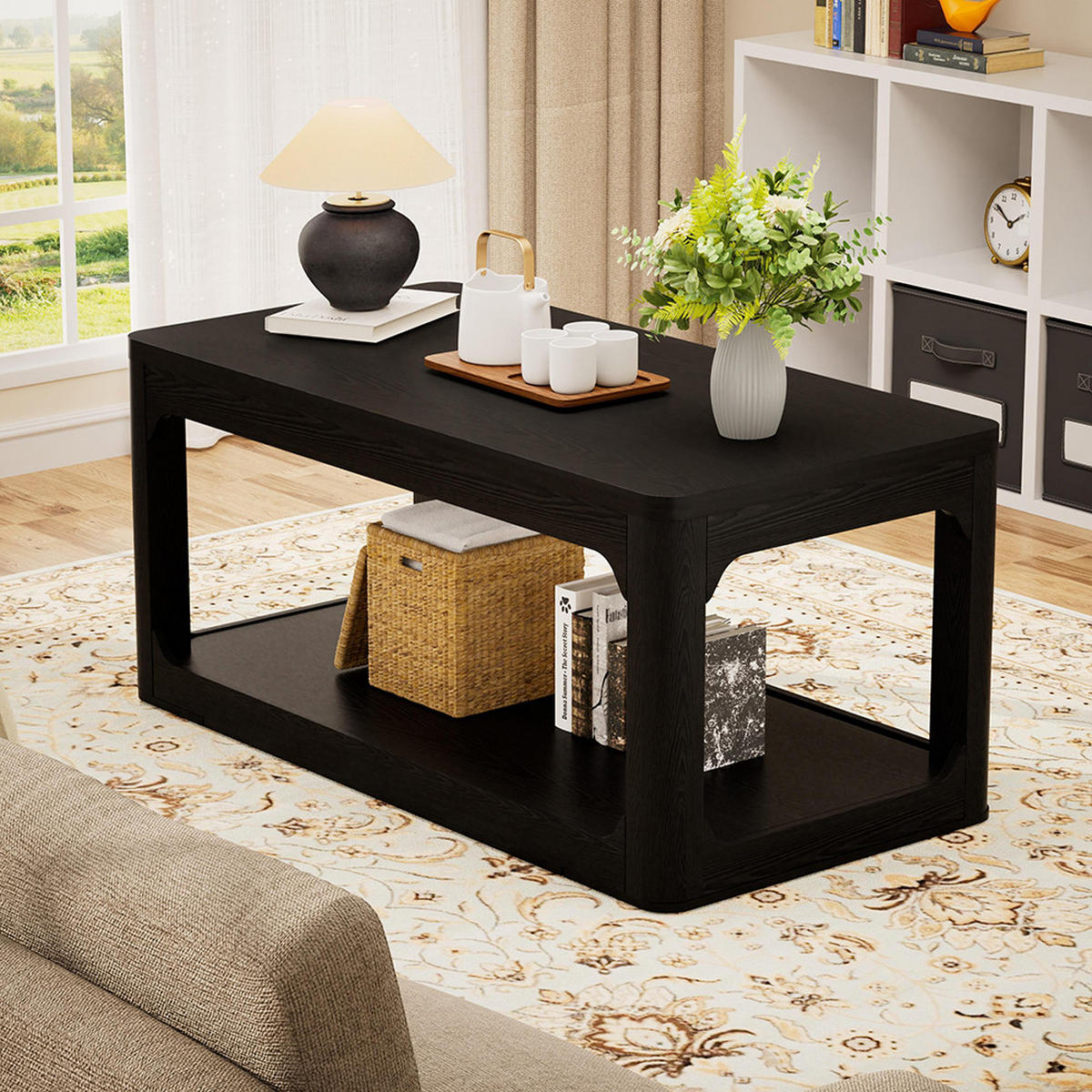 COUCHTISCH 100/50/44.5cm mit zwei Ablagefächern, modernes Design, Schwarz - Schwarz, Holz (100/50/44.5cm) - KOMHTOM