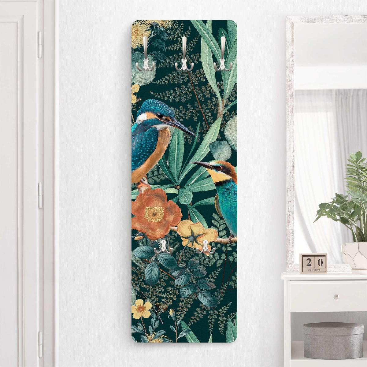 WANDGARDEROBE - Blumenparadies Eisvogel und Kolibri 34/105 cm - Grün, Holzwerkstoff (34/105/1.6cm) - Bilderwelten
