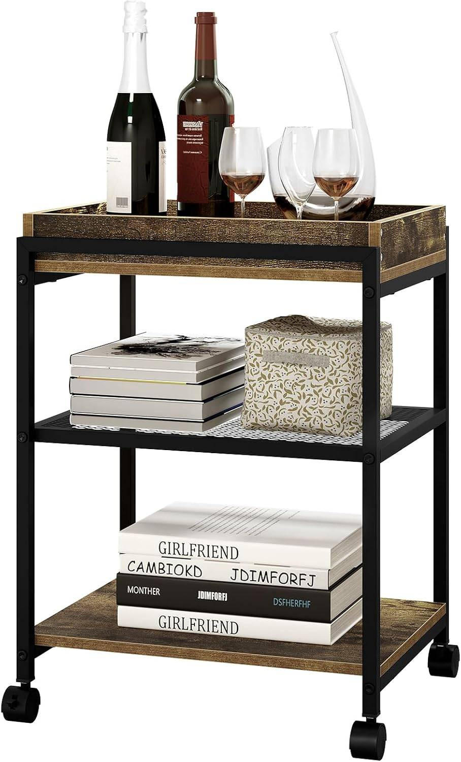 BEISTELLTISCH, mit Rollen, 3 Ablagen 1 abnehmbares Tablett - Dunkelbraun/Schwarz, Holzwerkstoff/Metall (28.5/41.5/51.5cm) - Woltu