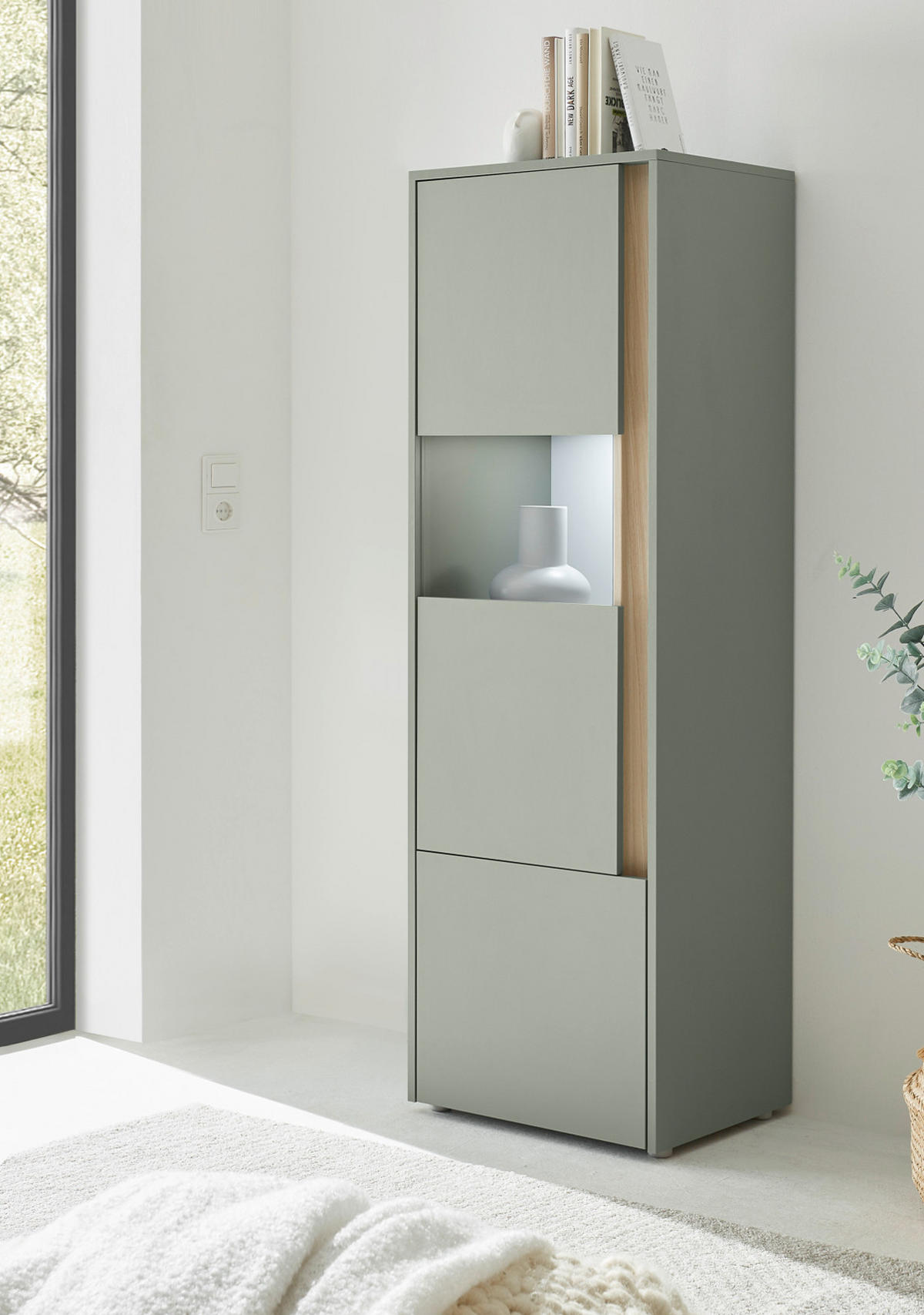 VITRINE Salbei grün, Barista Eiche 50 x 150 cm, Vitrinenschrank halbhoch - Salbeigrün/Eichefarben, Glas/Holzwerkstoff (50/155/40cm) - Furn.Design