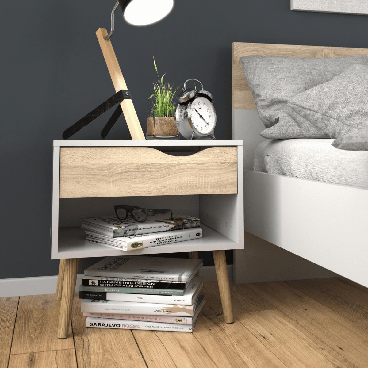 NACHTTISCH mit 1 Schublade, 1 Fach weiß und Eiche Dekor billund 50,2/39,1/49,7 cm - Weiß, Holzwerkstoff (50/50/39cm) - ebuy24