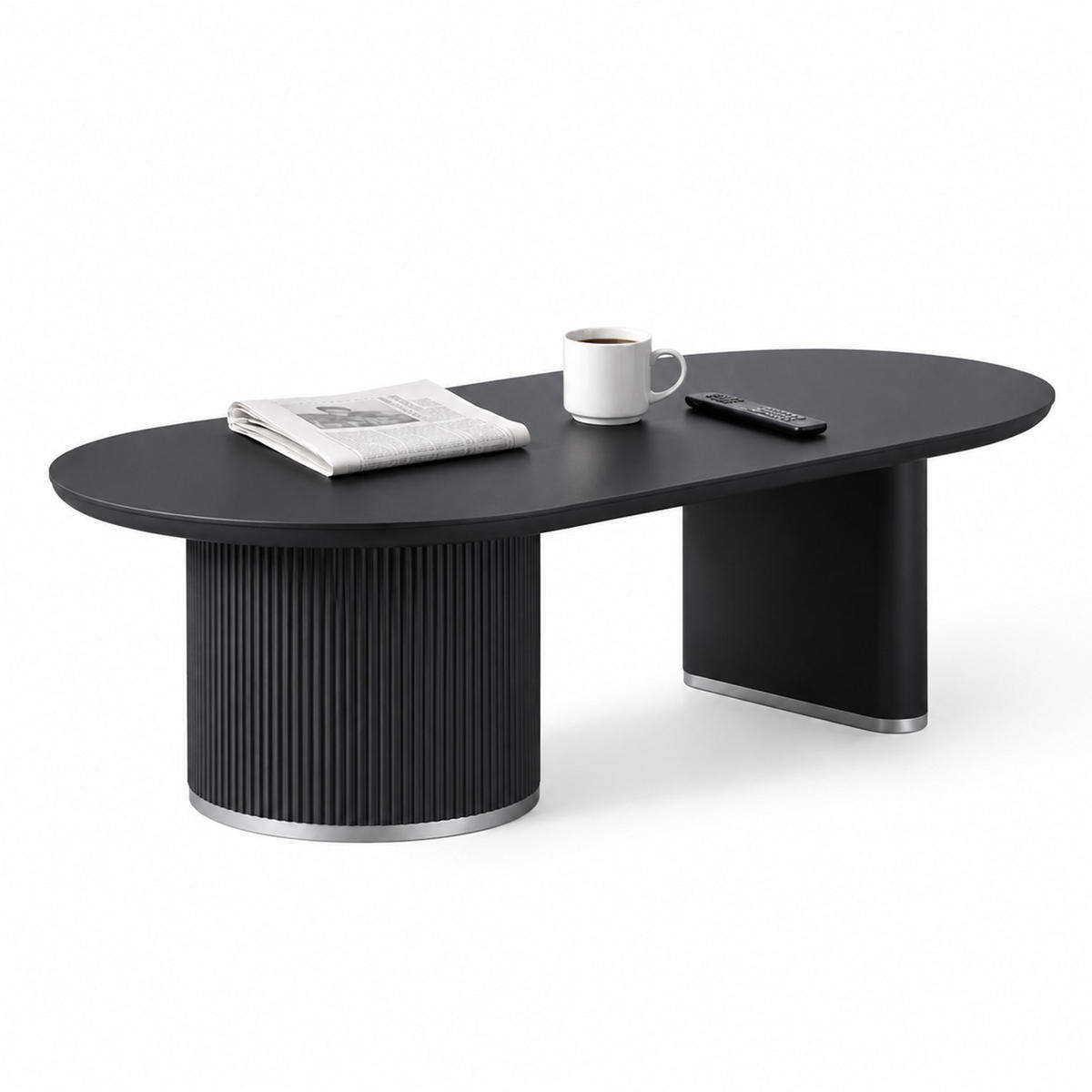 COUCHTISCH Oval Schwarz 130 × 70 cm mit geriffeltem Säulengestell und Silberakzenten - Schwarz, Holzwerkstoff (70/130/45cm)