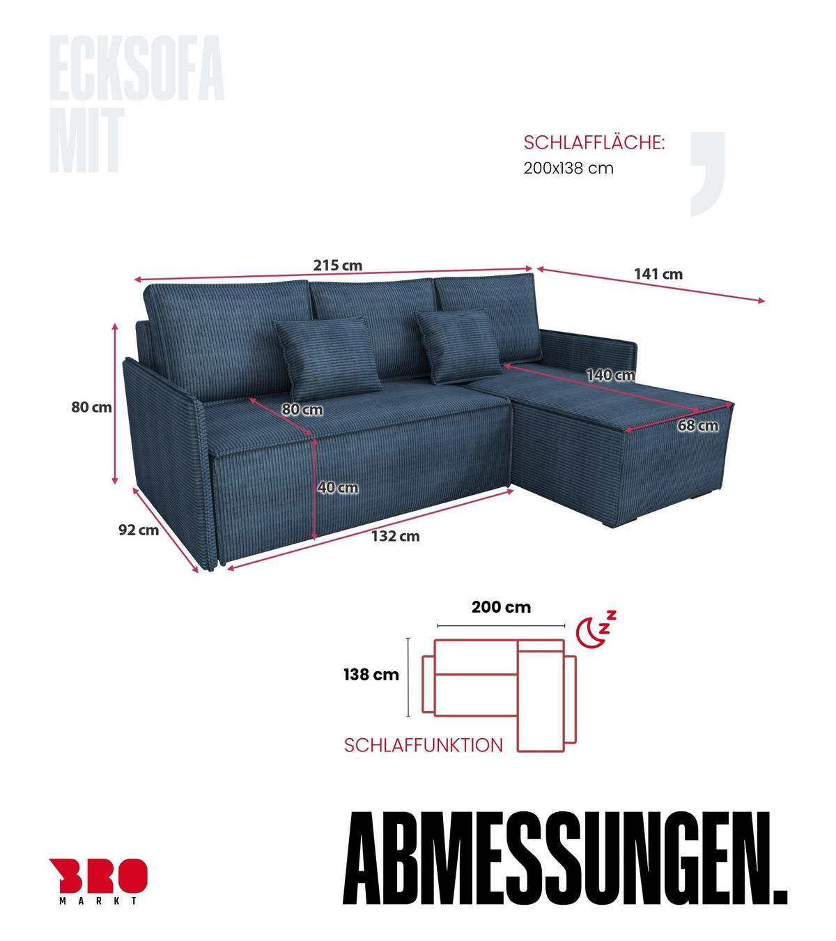 ECKSOFA Atlantic mit Schlaffunktion Blau Cord - Blau, Textil (238/141cm) - Bromarkt