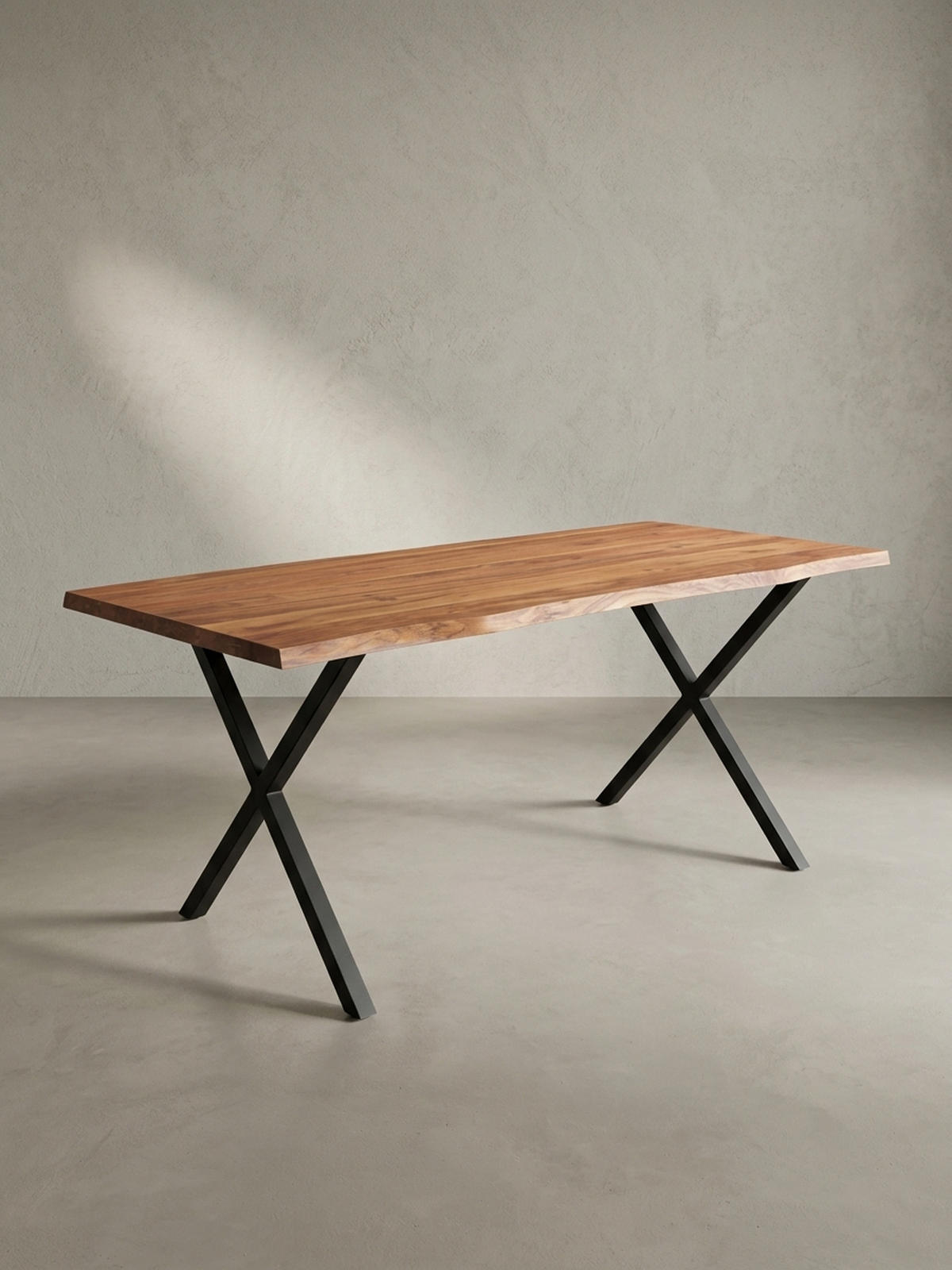 SCHREIBTISCH Massivholz X-Gestell Baumkante Handgefertigt KRETA, Goldbraun-Schwarz 160x80x76 cm - Schwarz/Braun, Holz/Metall (80/160/76cm) - KADIMA DESIGN