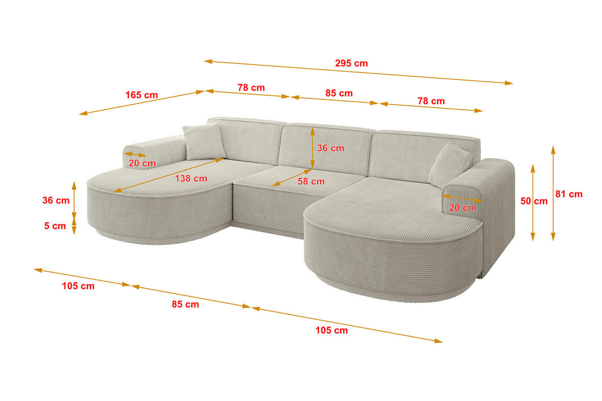 WOHNLANDSCHAFT MARI-U1 - 295x163x81 cm Hellgrau Cord - Hellgrau/Schwarz, Holzwerkstoff/Kunststoff (295/81/163cm) - ALTDECOR