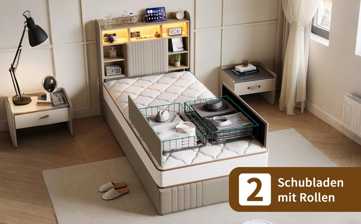 EINZELBETT 90/200 cm beige Leinen mit LED USB Schubladen - Beige, Holz - SHOPENTRA