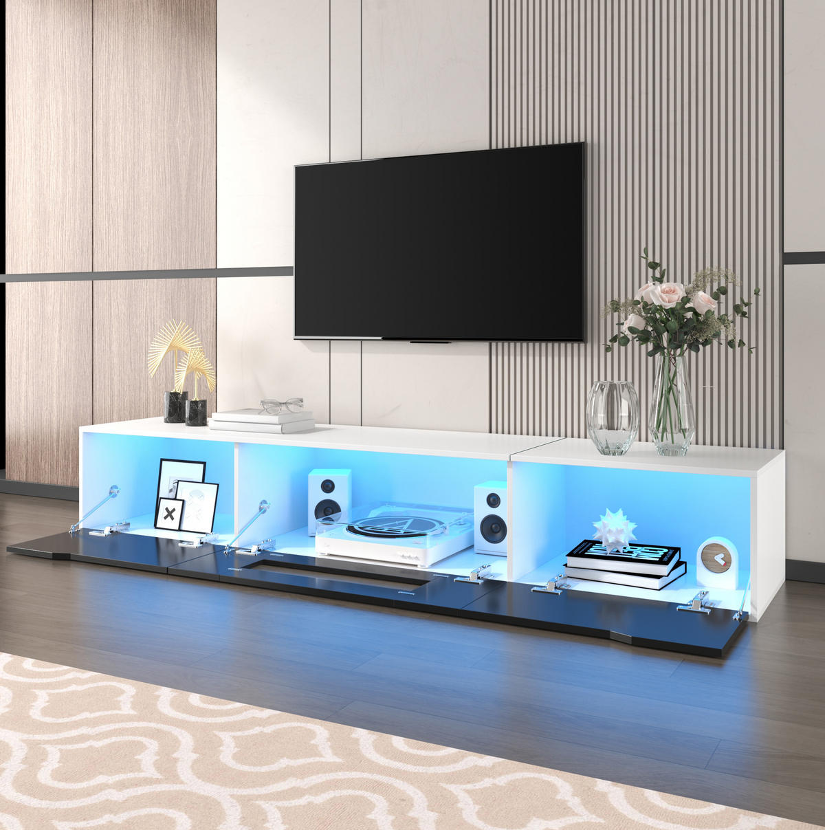 TV-SCHRANK 180/30/35 cm weiß Hochglanz mit LED-Beleuchtung, 16 Farben - Schwarz, Holzwerkstoff (180/35/30cm) - OKWISH