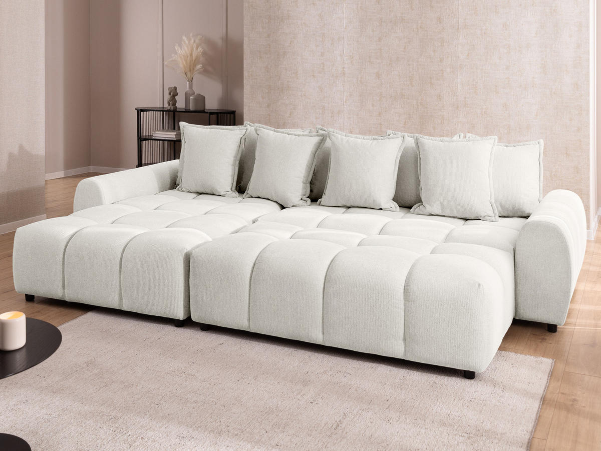 ECKSOFA inkl. Hocker Bubble mit Schlaffunktion und losen Rückenkissen, Sitzfläche in Bubble-Optik aus weichem Creme Strukturstoff - Ottomane Links - Creme/Schwarz, Holz/Kunststoff (180/306cm) - S-Style Möbel