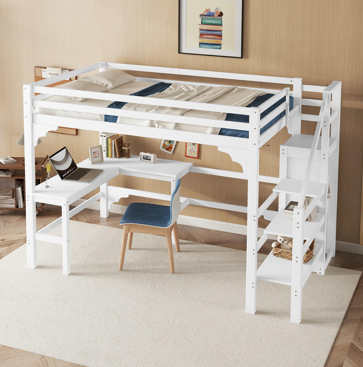 HOCHBETT 140/200 cm in Weiß mit Schreibtisch und offenem Kleiderschrank - Weiß, Holz (140/200cm) - Flora Grace