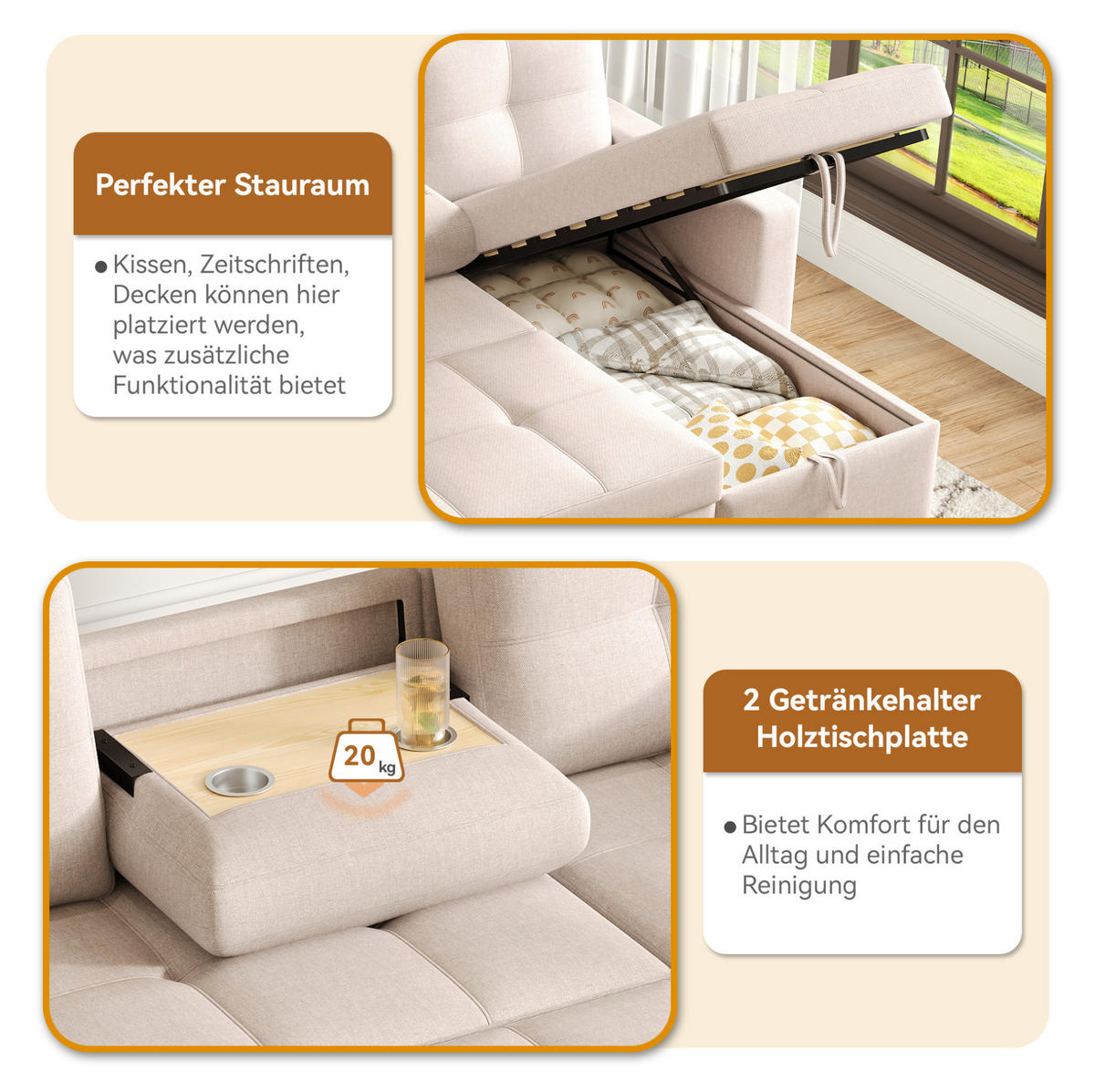 L-FÖRMIGES Schlafsofa aus Leinen mit Stauraum & Getränkehalter, 211/136/87 cm, Beige - Beige, Textil (136/87/211cm) - Redom