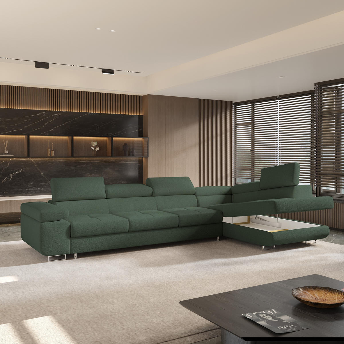 ECKSOFA VICENTE Grün Boucle-Stoff mit Schlaffunktion - Grün, Holz (346/202cm) - MASSENO