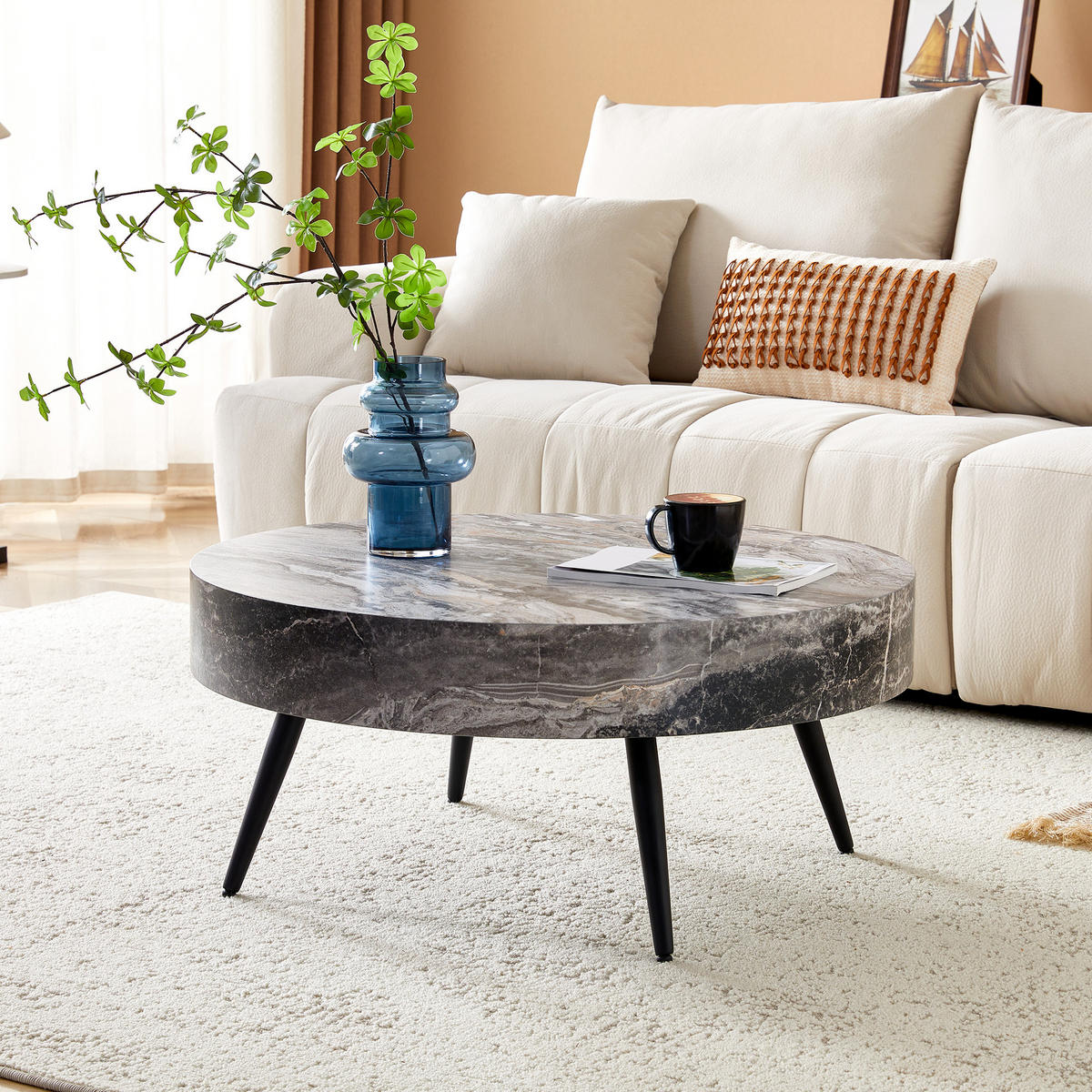 COUCHTISCH MDF Metallbeine Marmoroptik stabile Konstruktion Grau 70/35,5 cm - Schwarz/Grau, Holzwerkstoff/Metall (70/70/35.5cm) - EVRYAE